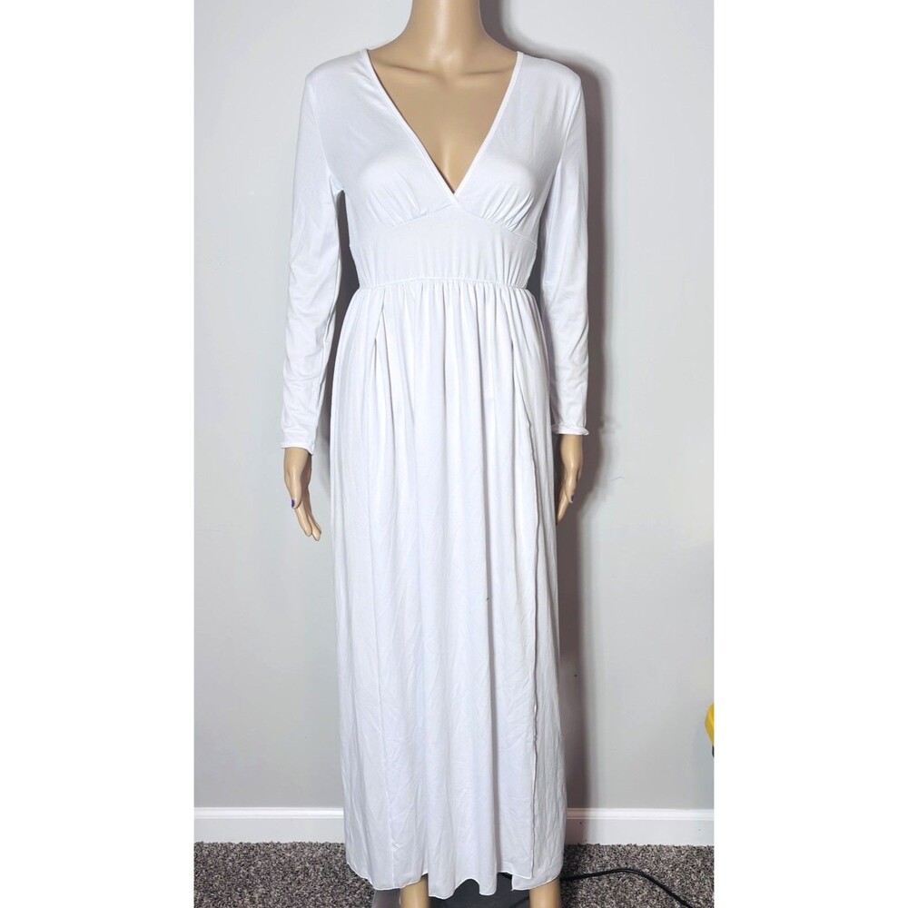 Women White Long Sleeve Maxi Dress Side Slits Size S Party Holiday Club